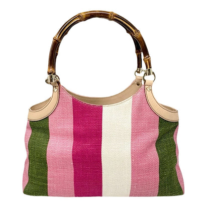 GUCCI Vintage Bamboo Stripe Hobo Shoulder Bag Handbag Multicolor Canvas 902335