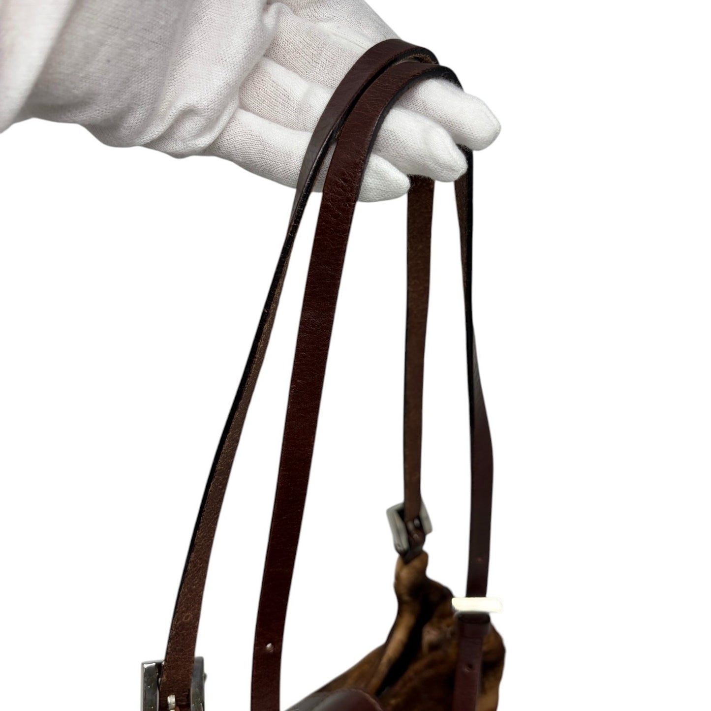 FENDI Vintage FF Pony Calf Hair Shoulder Bag Brown Beige Silver Leather 902217