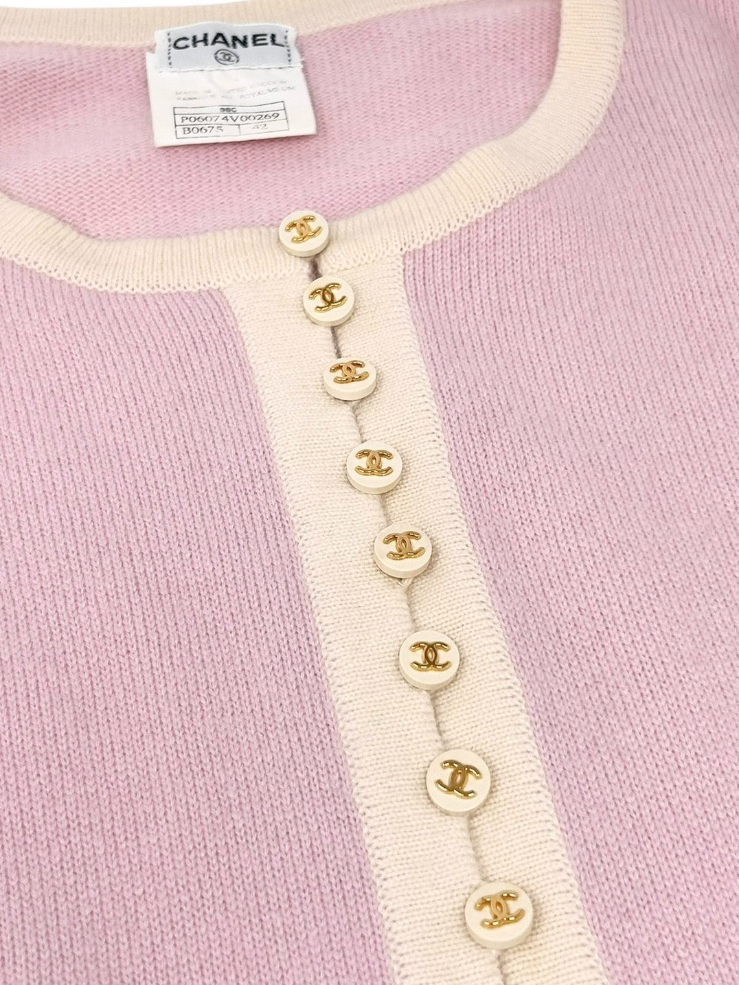 CHANEL Vintage 96C Long Cardigan #42 Knit Sweater Button Pink Cream Cashmere