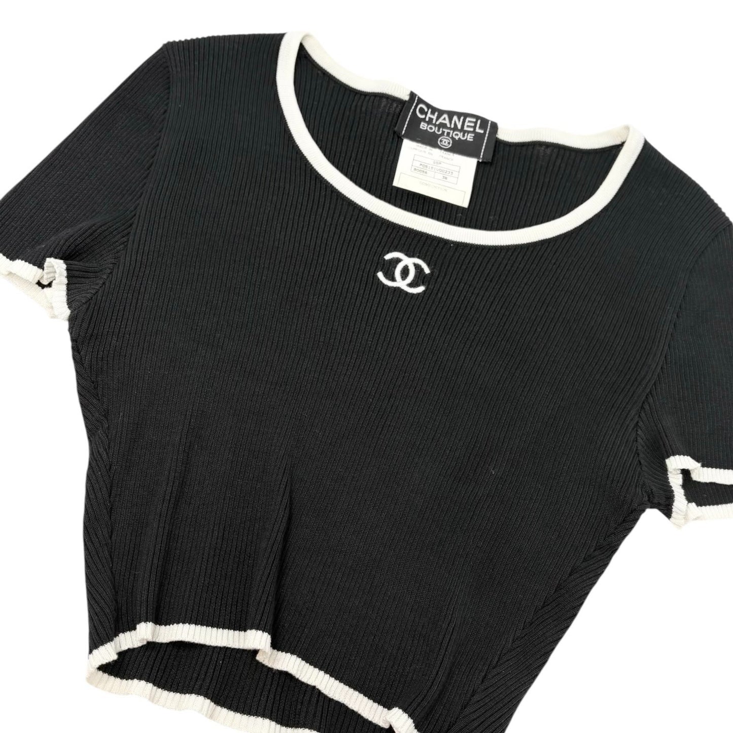 CHANEL Vintage 95P CC Logo Cropped Ribbed T-shirt #36 Black White Cotton
