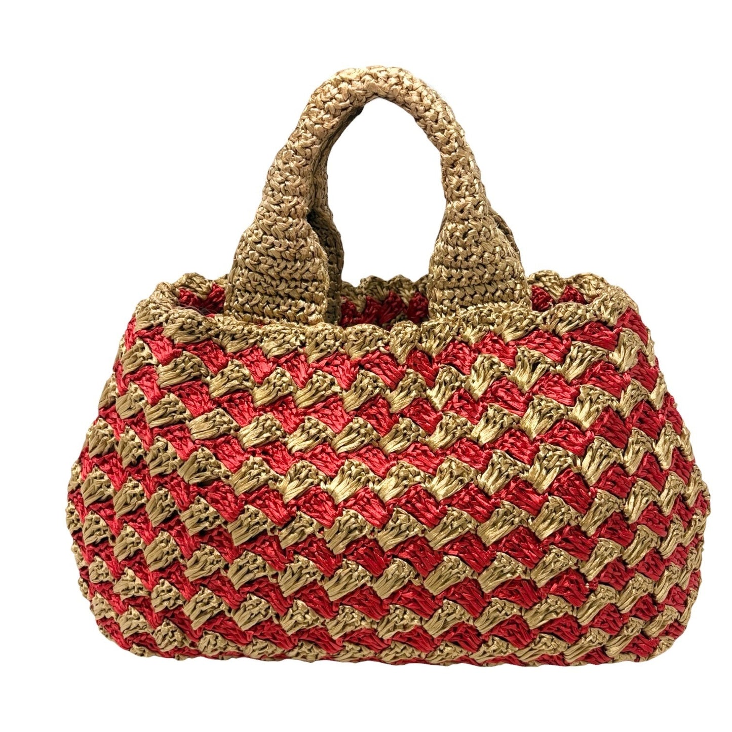 PRADA Vintage Triangle Logo Raffia Canapa Tote Bag Red Beige Gold Crochet 901970