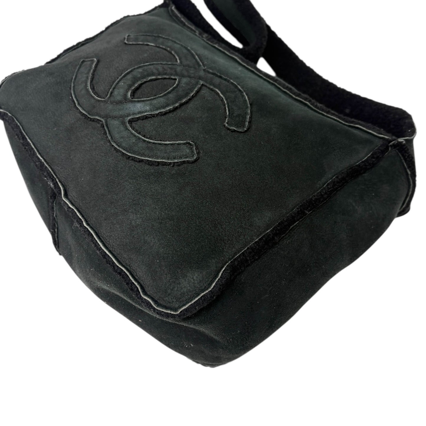 CHANEL Vintage Big CC Shearling Leather One Shoulder Bag Black Mouton Boa