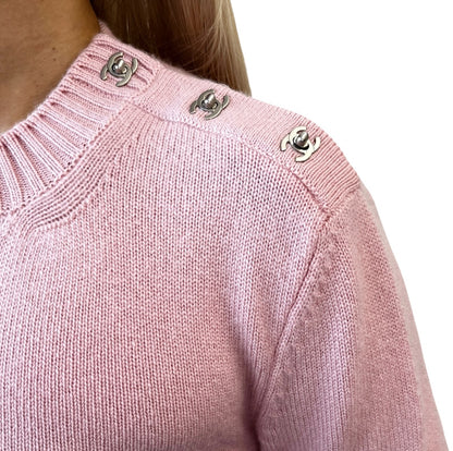 CHANEL Vintage CC Logo Turnlock Cashmere Ribbed Sweater Top #36 Pink 902225