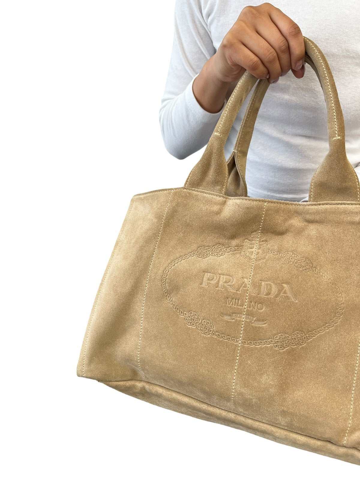 PRADA Vintage Canapa Big Logo Suede Large Tote Bag Beige Gold Stitch Shopper