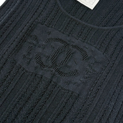 CHANEL Vintage 01P CC Logo Mesh Rib Knit Tank Top #38 Black Cotton 902425