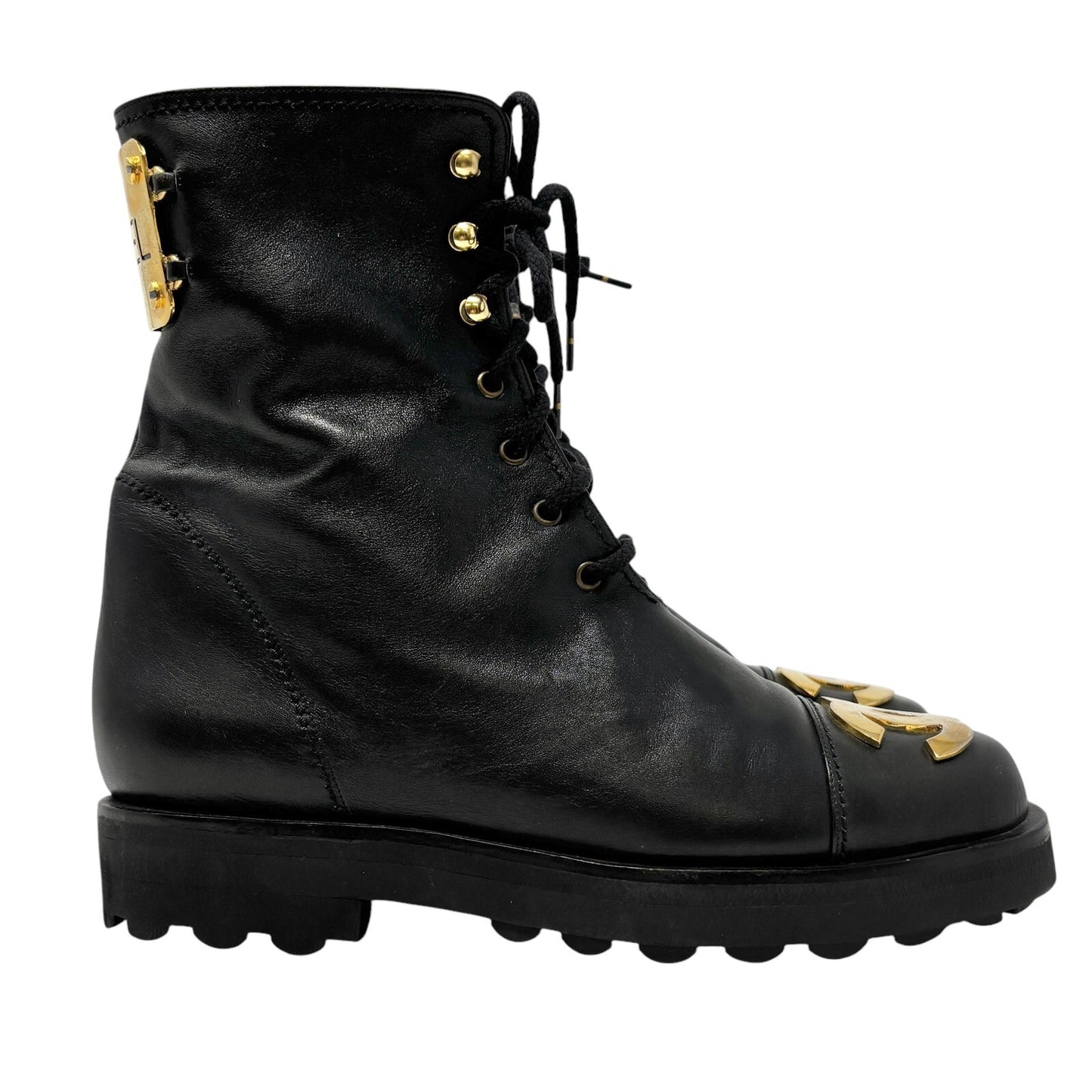 CHANEL Vintage CC Logo Lace-up Ankle Boots #36.5 Short Boots Black Gold Leather