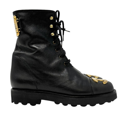 CHANEL Vintage CC Logo Lace-up Ankle Boots #36.5 Short Boots Black Gold Leather