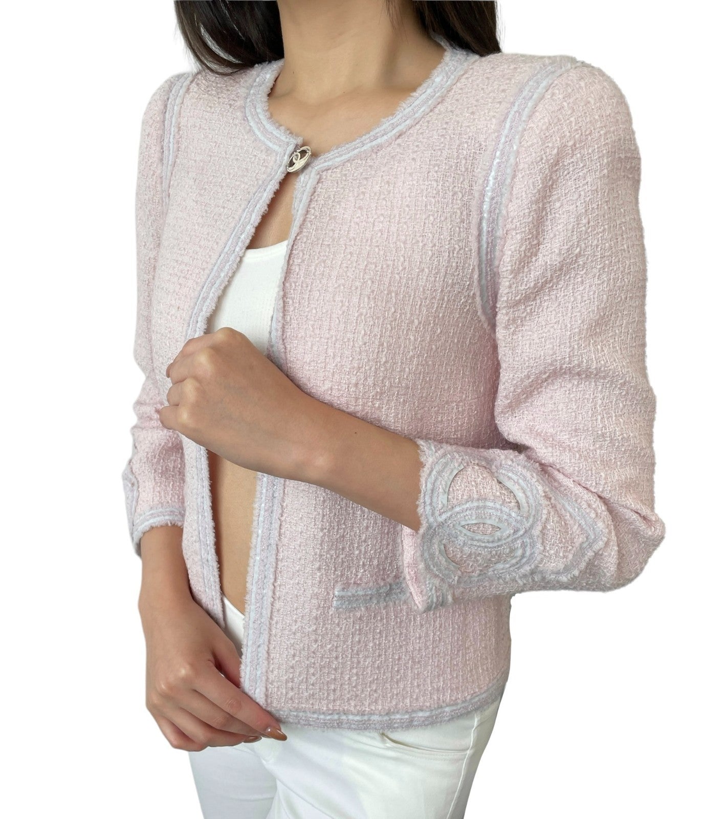 CHANEL Vintage 09C CC Heart Logo Button Tweed Jacket #36 Pink Wool 902019
