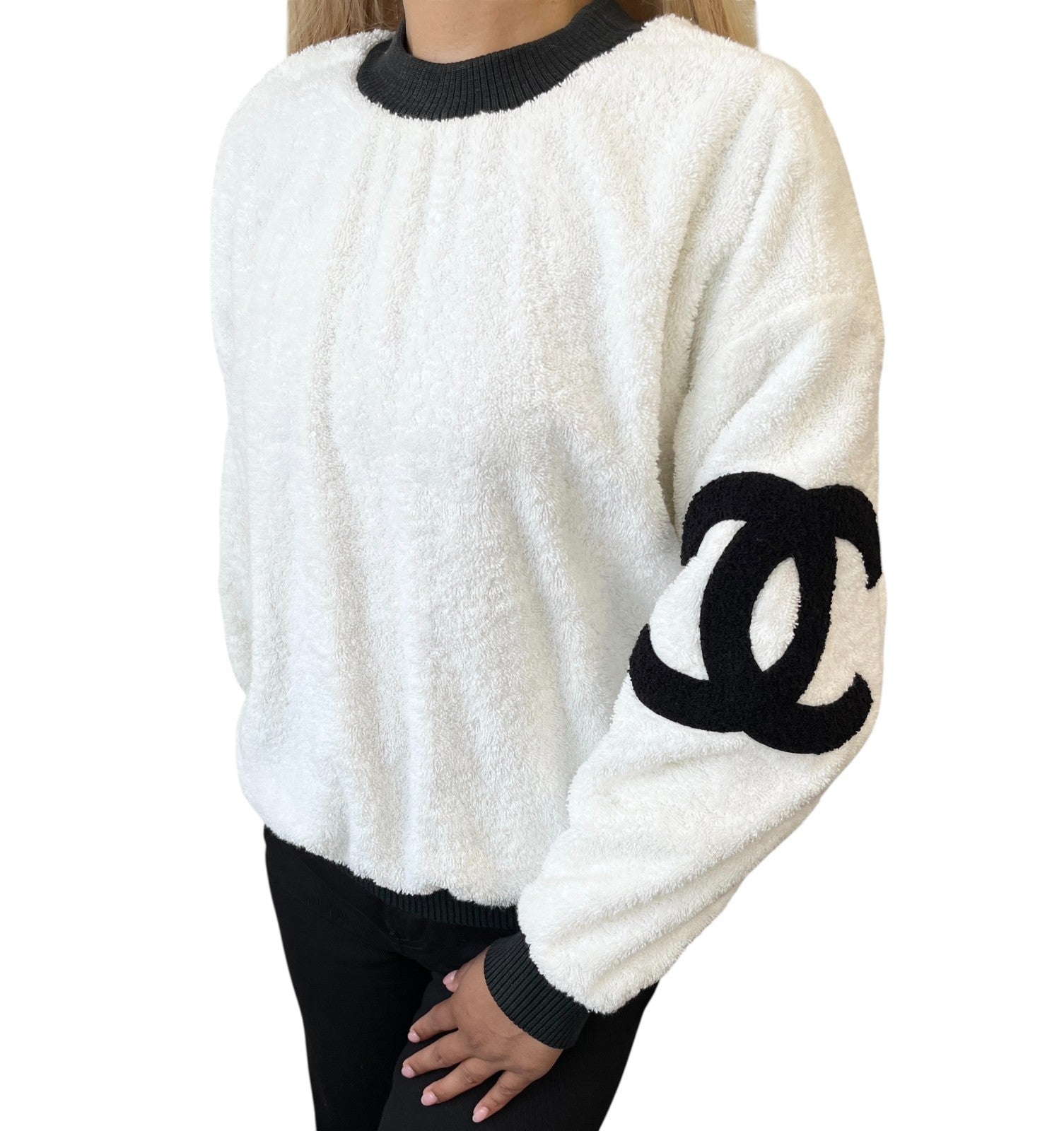CHANEL Vintage CC Mark Logo Sweatshirt Terry Cloth White Black Cotton