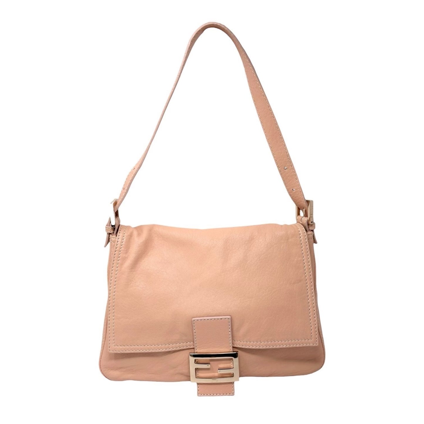 FENDI Vintage FF Logo Mamma Baguette Shoulder Bag Beige Gold Soft Leather