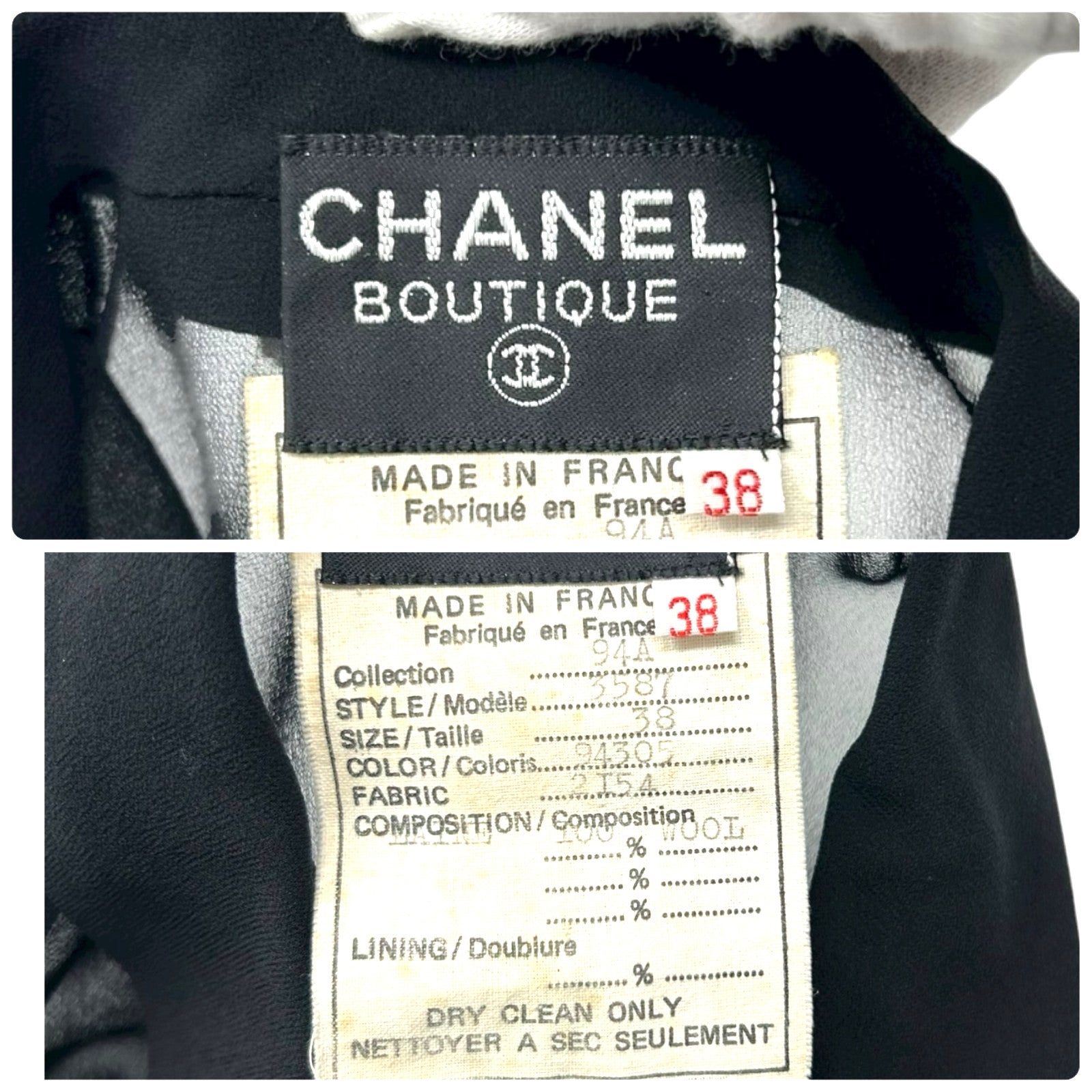 CHANEL Vintage 94A CC Logo See-through One-piece #38 Black Gold Wool Button