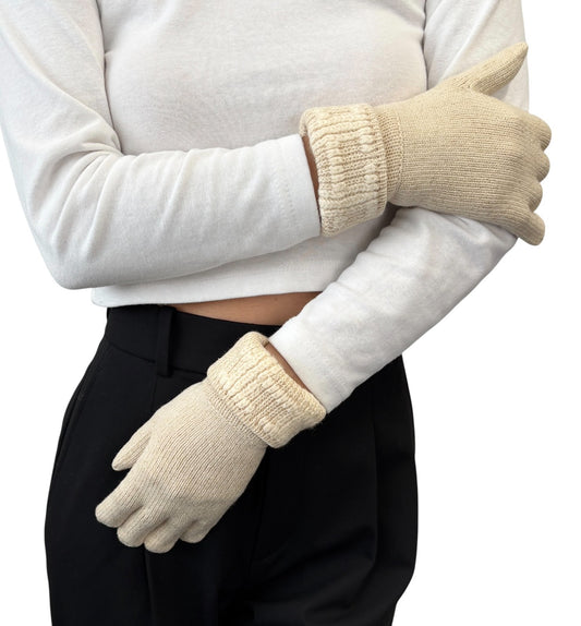 HERMES Vintage H Logo Embroidery Cashmere Ribbed Knit Gloves Glitter Beige Gold