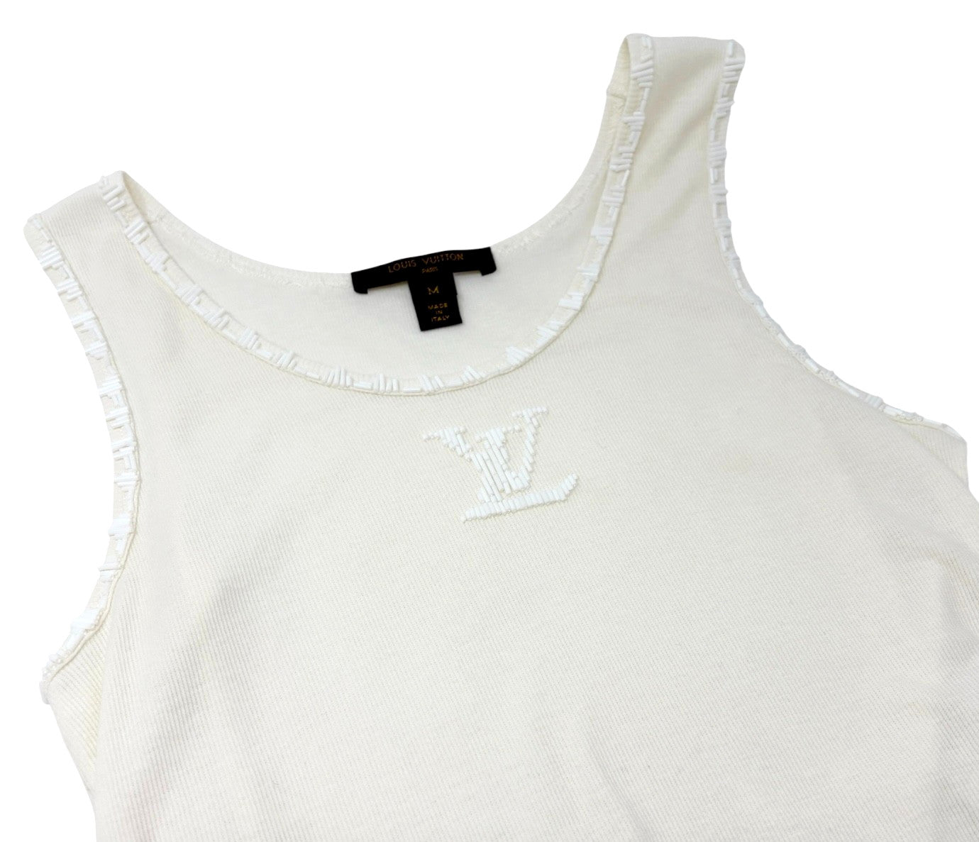 LOUIS VUITTON Vintage LV Logo Tank Top #M Beads Cream White Cotton Elastane