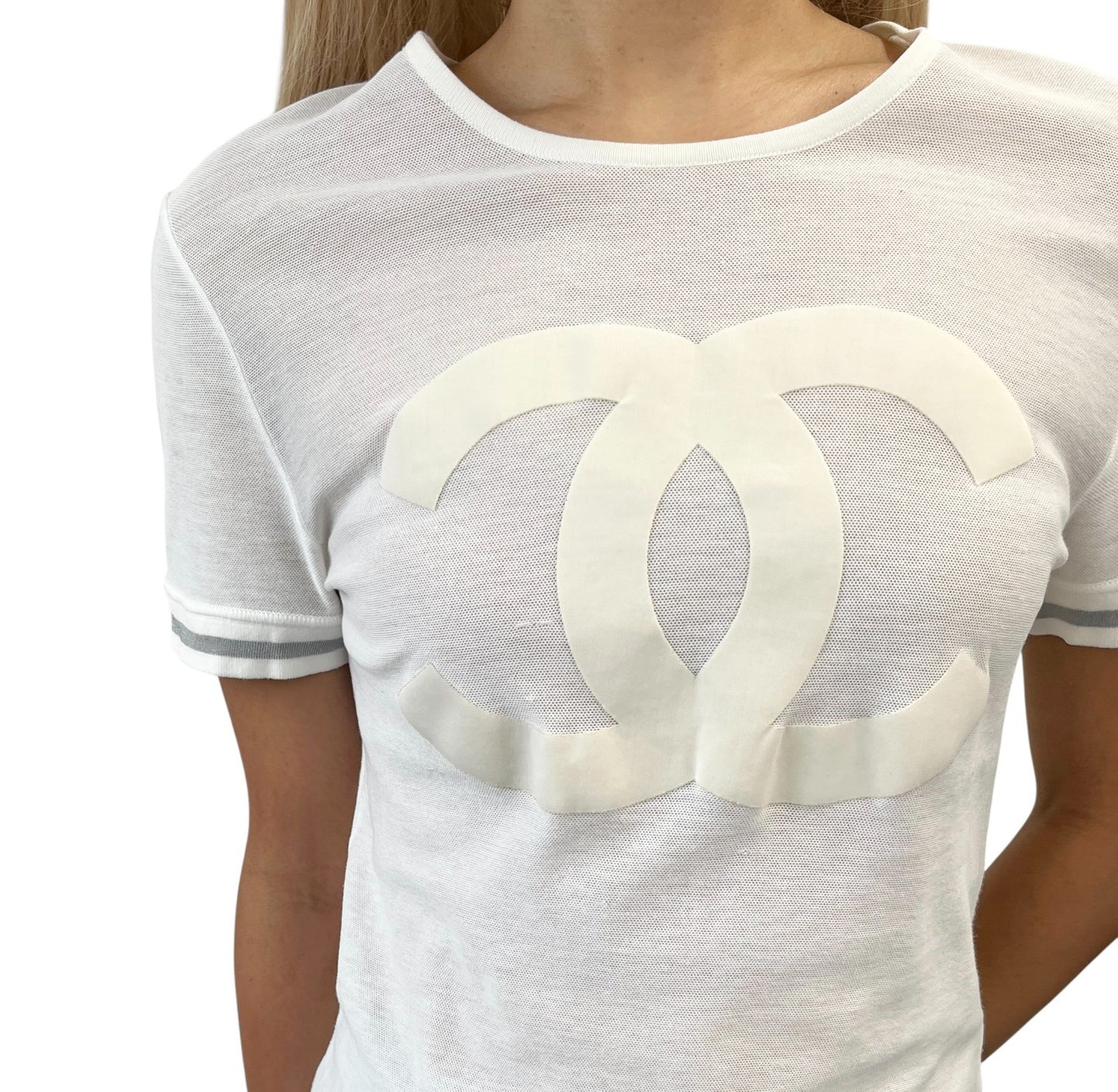 CHANEL Sport Vintage 06C Big CC Logo Mesh T-shirt Top White Gray Line