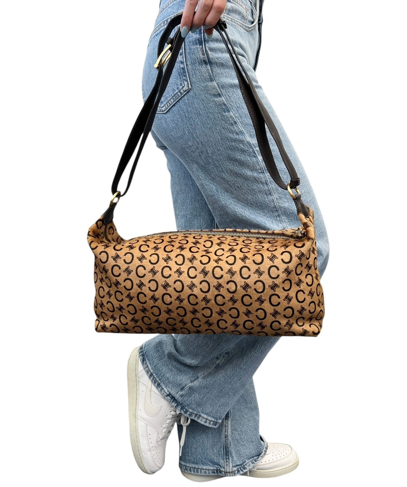 CELINE Vintage C Macadam Logo Pony Calf Hair 2way Shoulder Bag Beige Brown