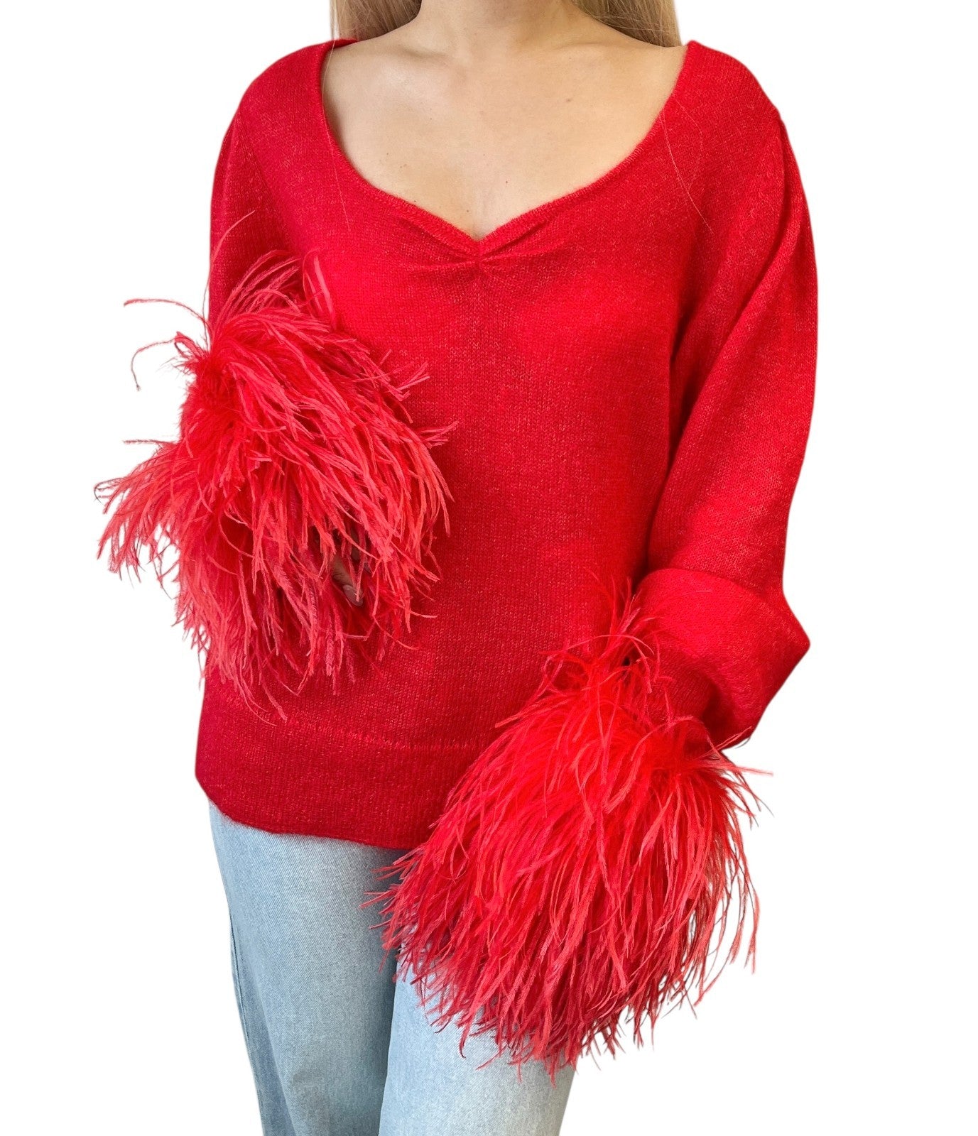 GUCCI Vintage Logo Feather Fur Trimmed Sweater Knit Top #M Red Mohair Silk Wool