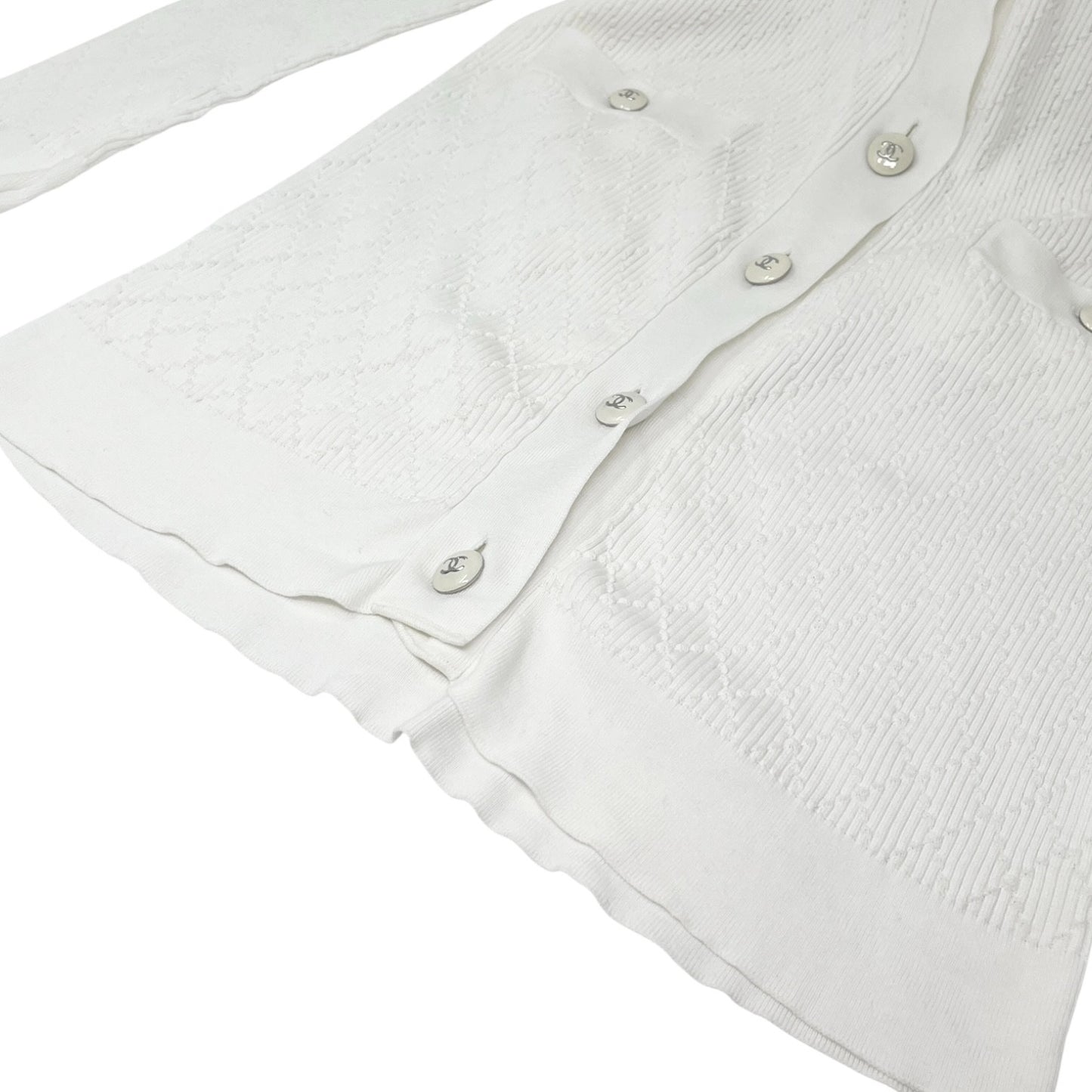 CHANEL Vintage P45654 CC Logo Button Knit Long Cardigan Top #38 White 106957
