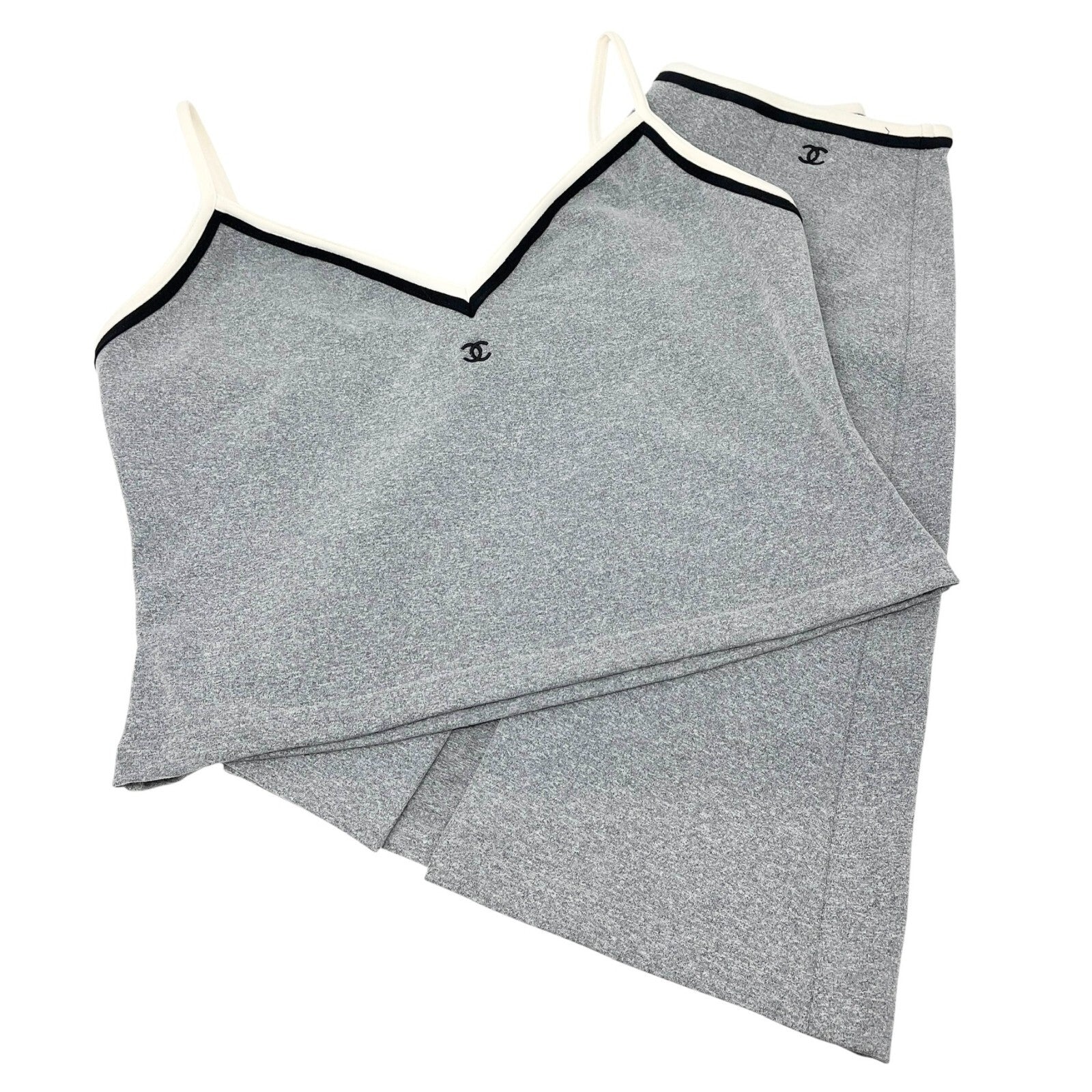 CHANEL Vintage 98P CC Logo Camisole Skirt Set #38 Separate Gray White Nylon