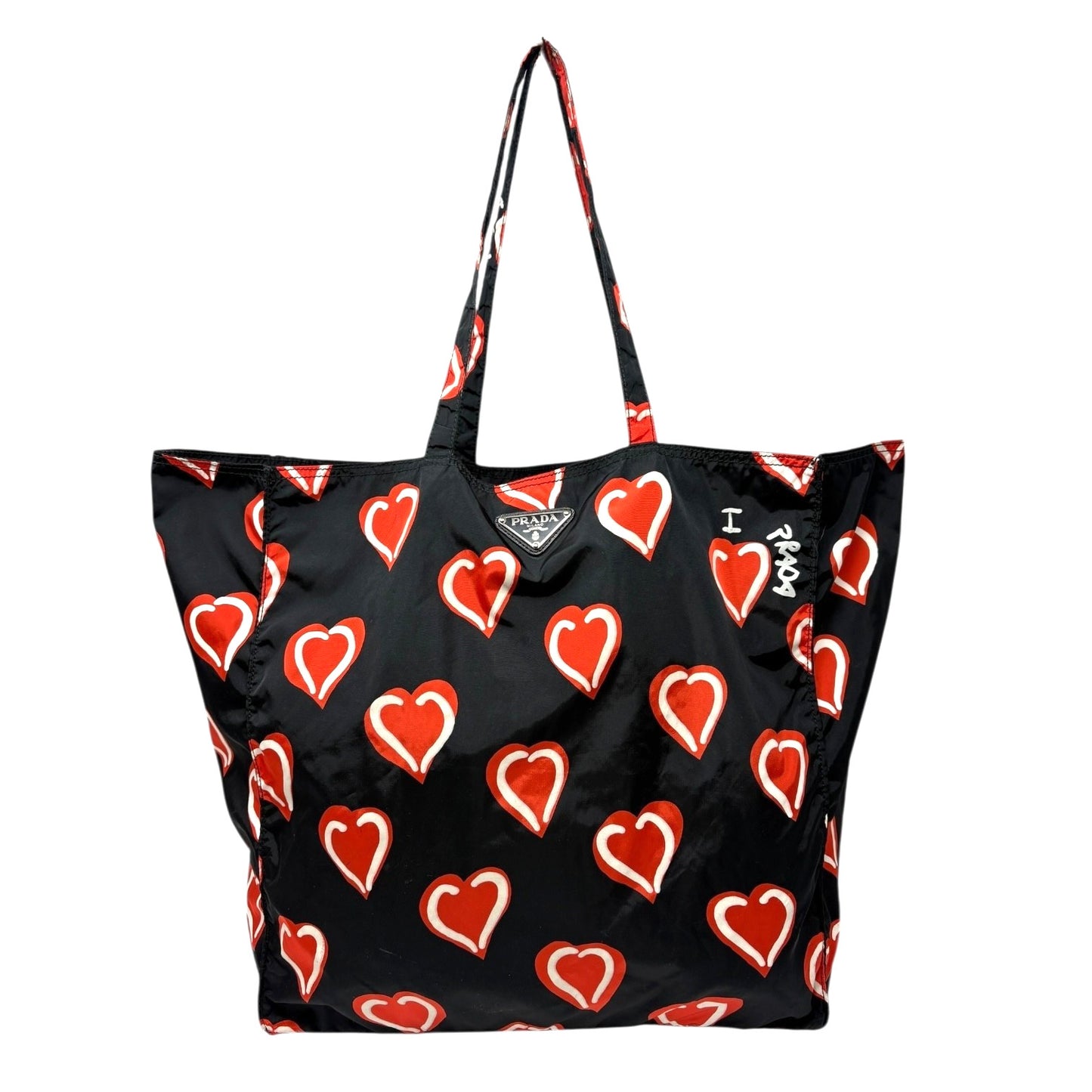PRADA Vintage Logo Heart Pattern Print Tote Bag Handbag Pouch Black Red Nylon