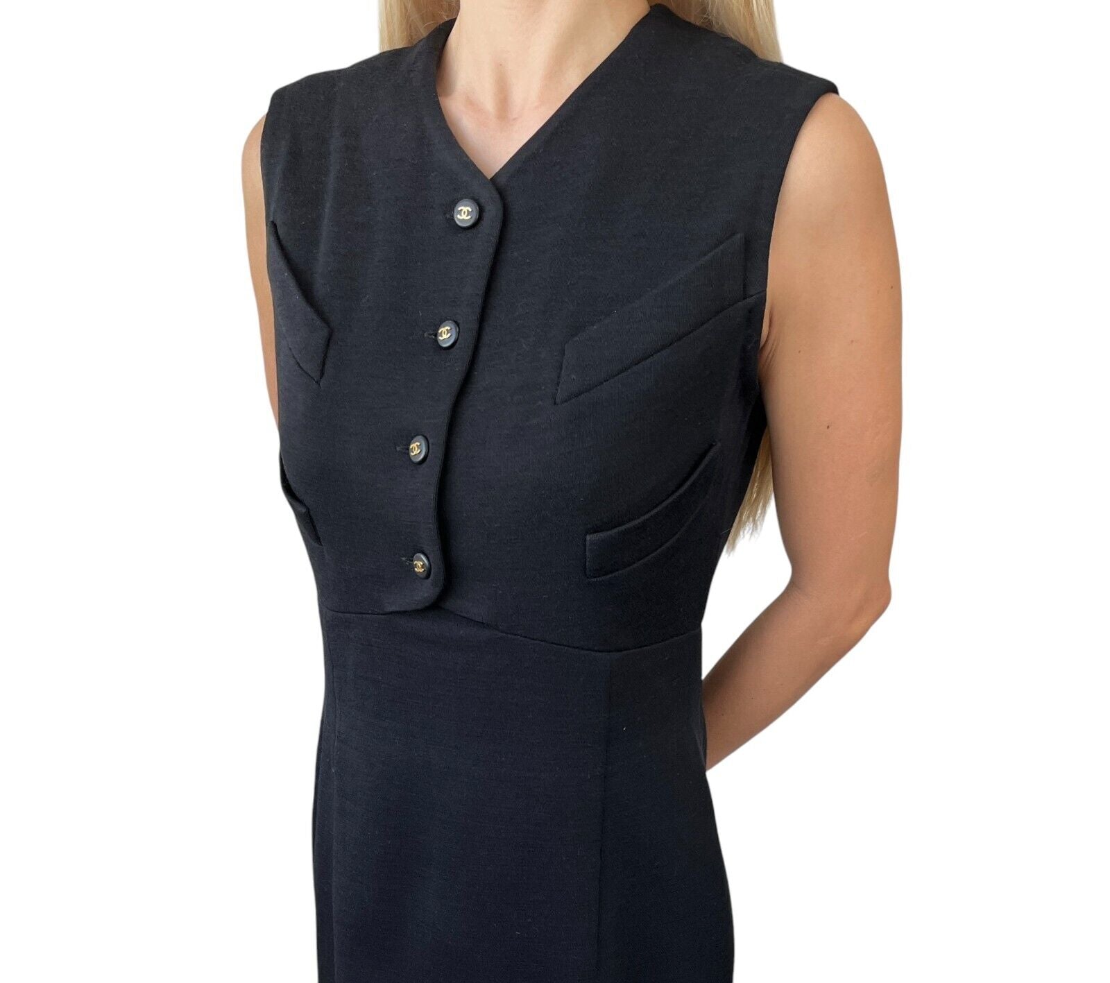 CHANEL Vintage 95A CC Mark Logo Dress One-piece #40 Black Silk Button