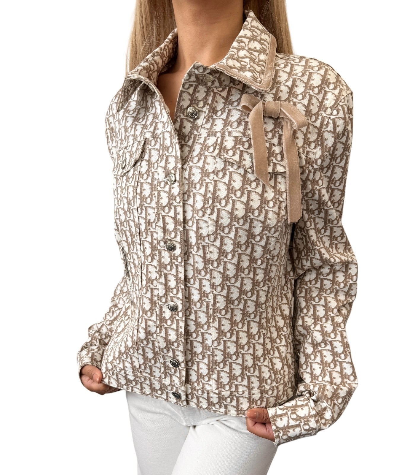 Christian Dior Vintage Trotter Monogram Jacket #42 Beige Cotton Velour Ribbon