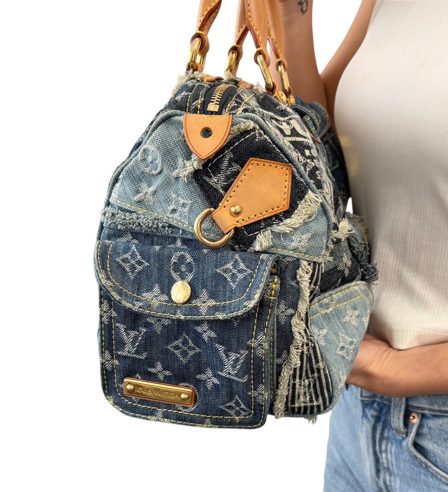 LOUIS VUITTON Vintage Monogram Patchwork Denim Speedy 30 Boston Bag Blue Brown