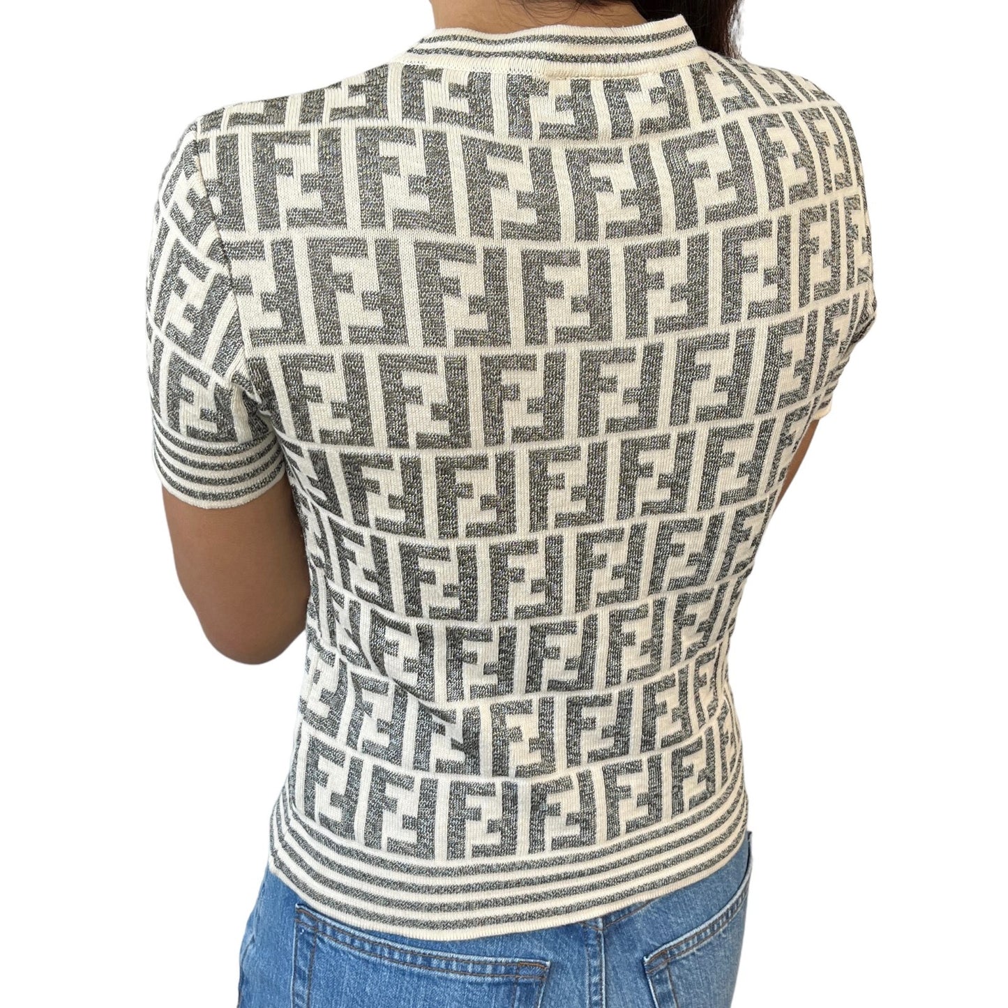 FENDI Vintage Zucca Monogram Short Sleeve Sweater Knit Top Cotton Gray Cream