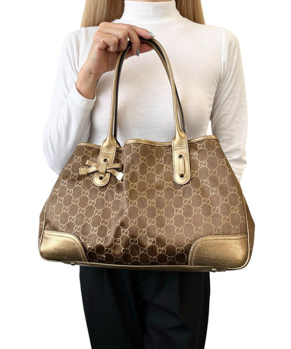 GUCCI Vintage GG Monogram Logo Princy Shoulder Bag Brown Gold Satin Leather