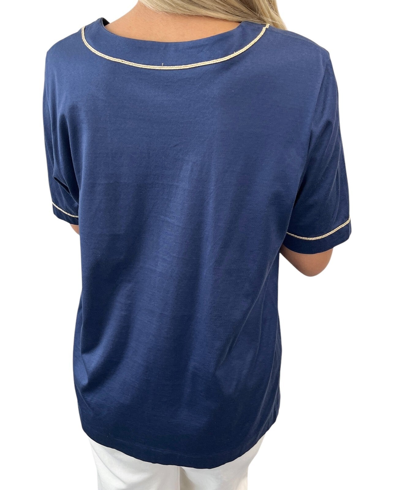 Yves Saint Laurent Vintage YSL Logo Top #M Pullover Dark Blue Gold Glitter