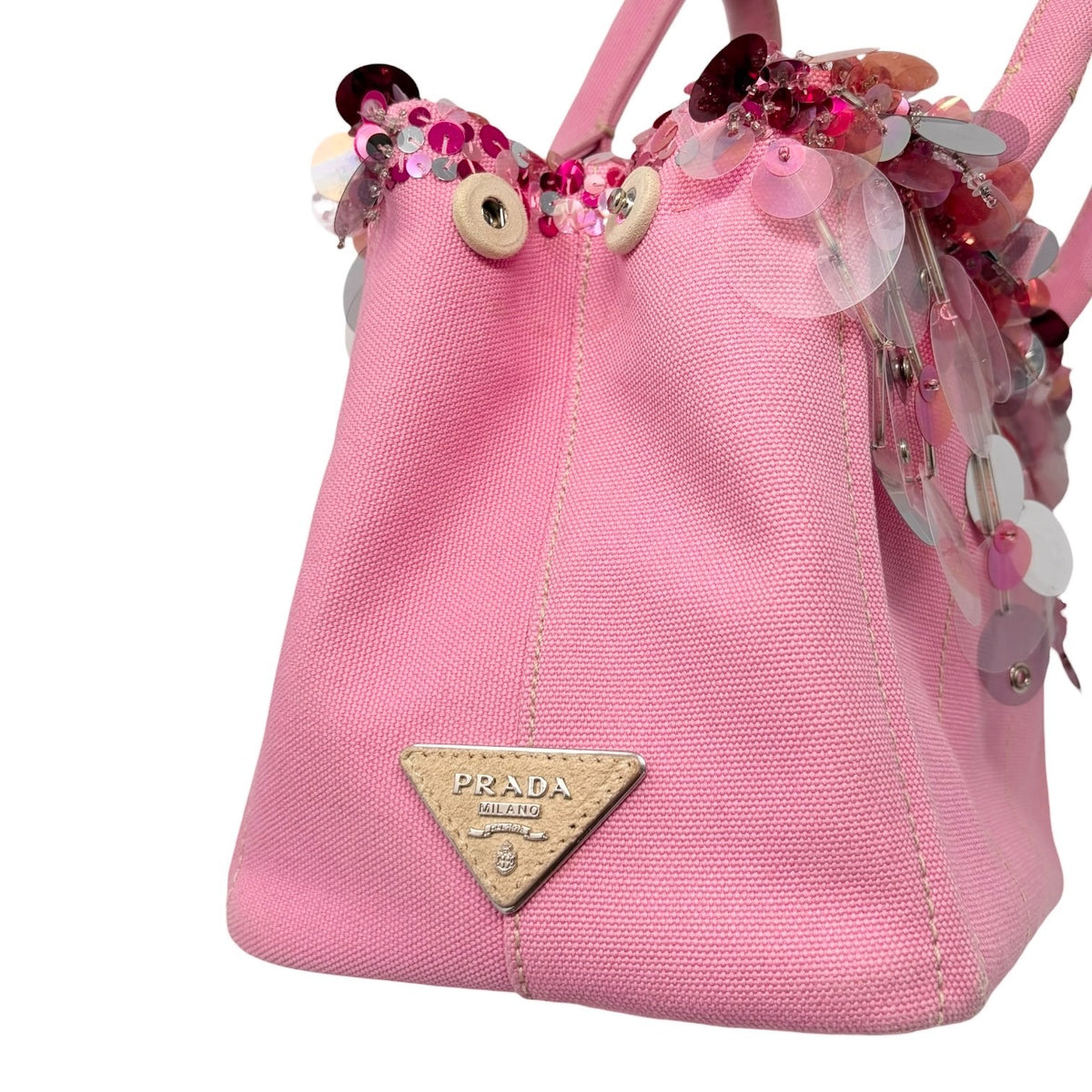 PRADA Vintage Triangle Logo Canapa Sequin Beads Hand bag Pink Canvas 902371