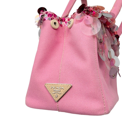 PRADA Vintage Triangle Logo Canapa Sequin Beads Hand bag Pink Canvas 902371