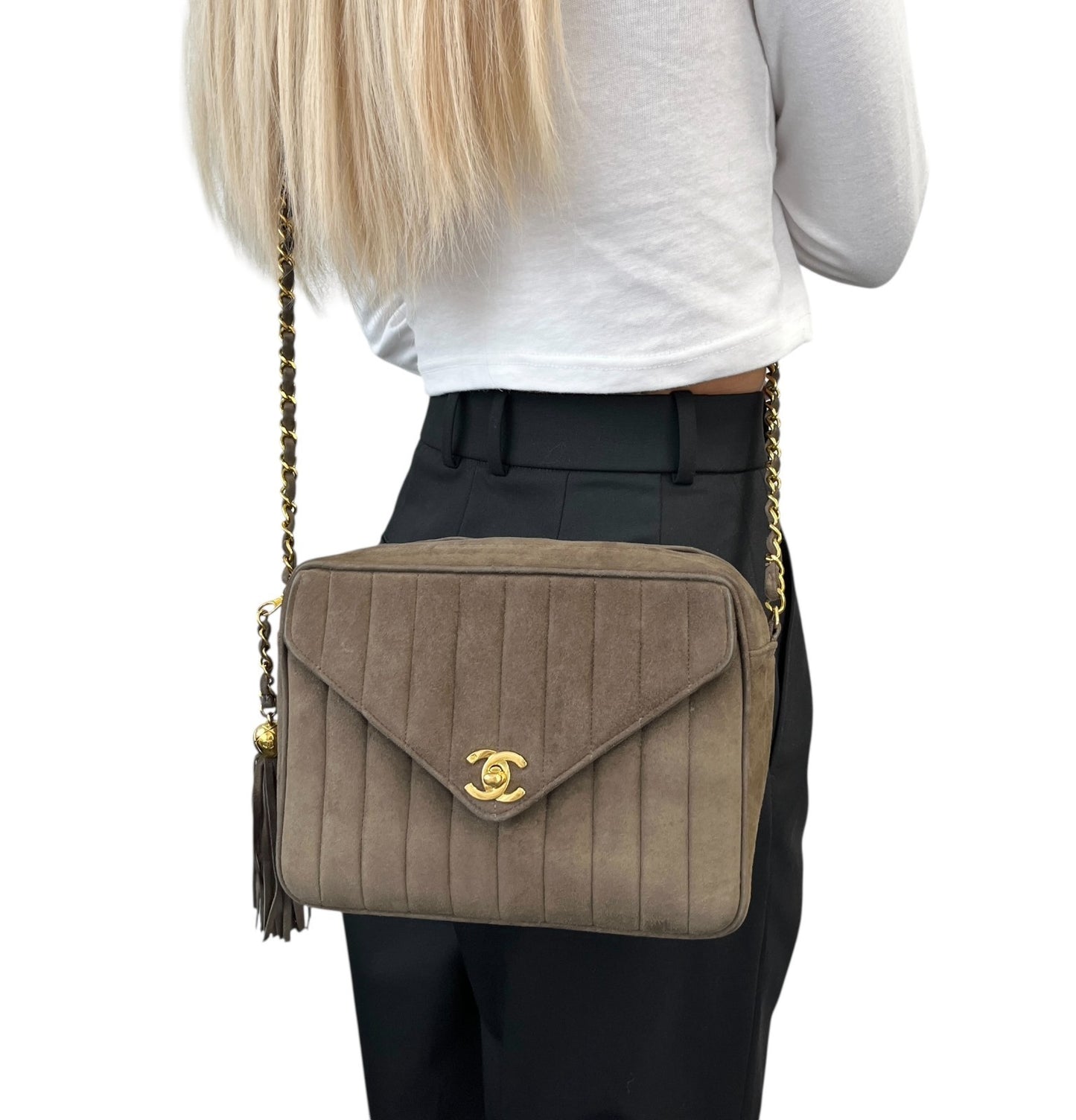 CHANEL Vintage CC Logo Quilted Fringe Chain Shoulder Bag Khaki Gold Suede
