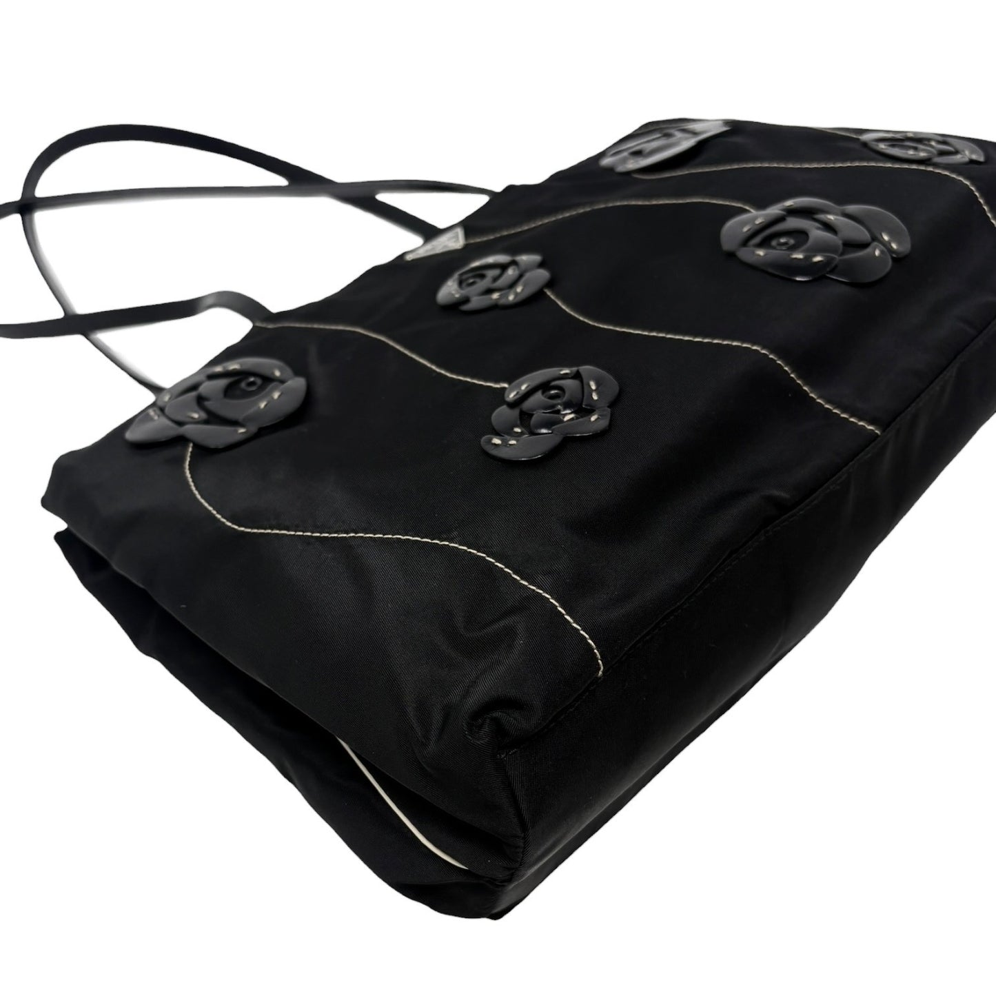 PRADA Vintage Logo Tessuto Nylon Fiori Shoulder Bag Black Gold Rose Leather