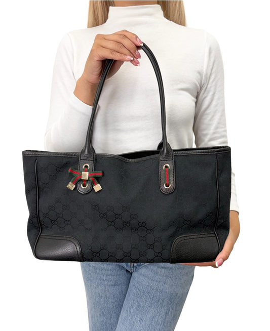 GUCCI Vintage GG Monogram Web Stripe Ribbon Tote Shoulder Bag Black 902464