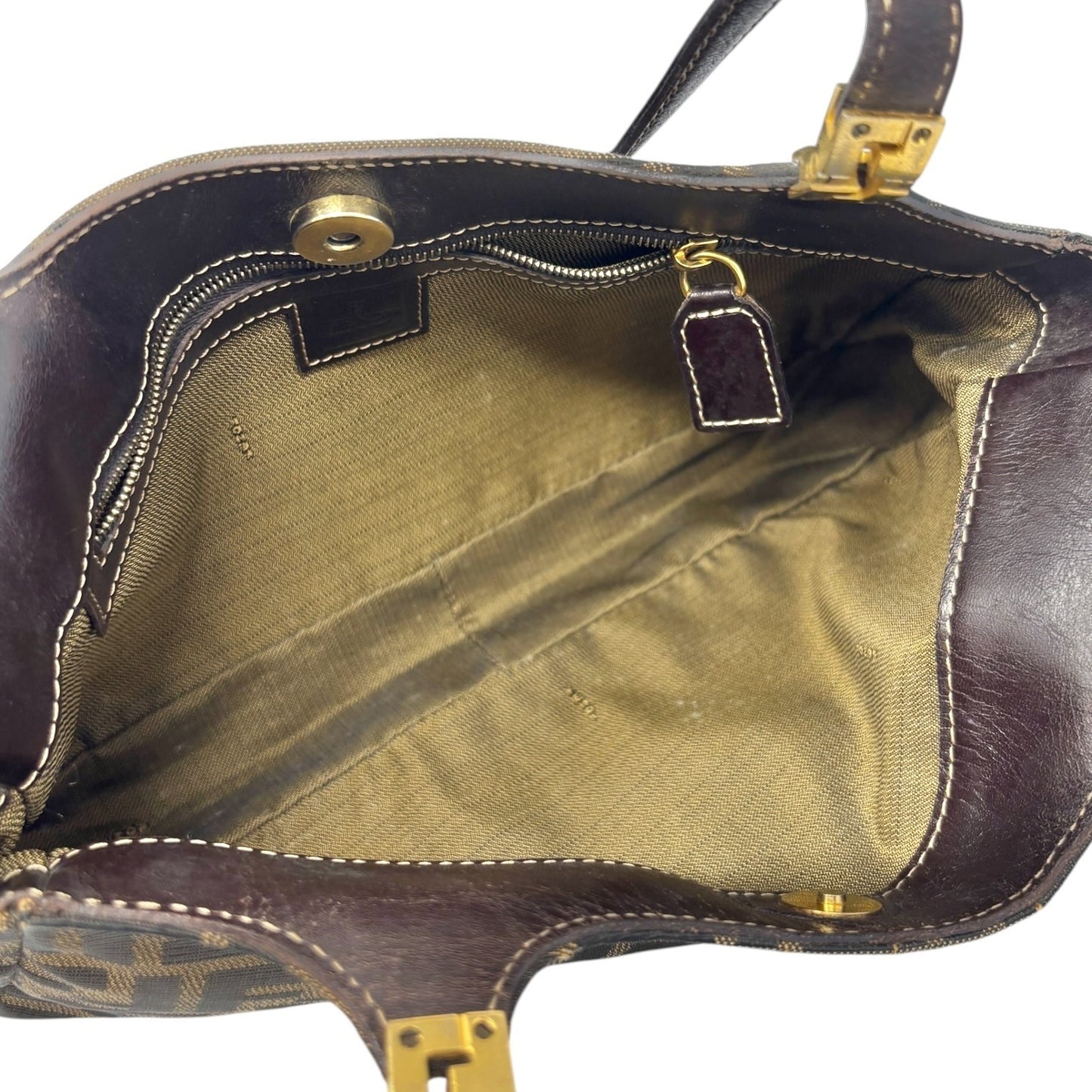 FENDI Vintage FF Zucca Monogram Canvas Shoulder Bag Brown Gold Leather 902063