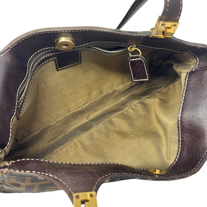 FENDI Vintage FF Zucca Monogram Canvas Shoulder Bag Brown Gold Leather 902063