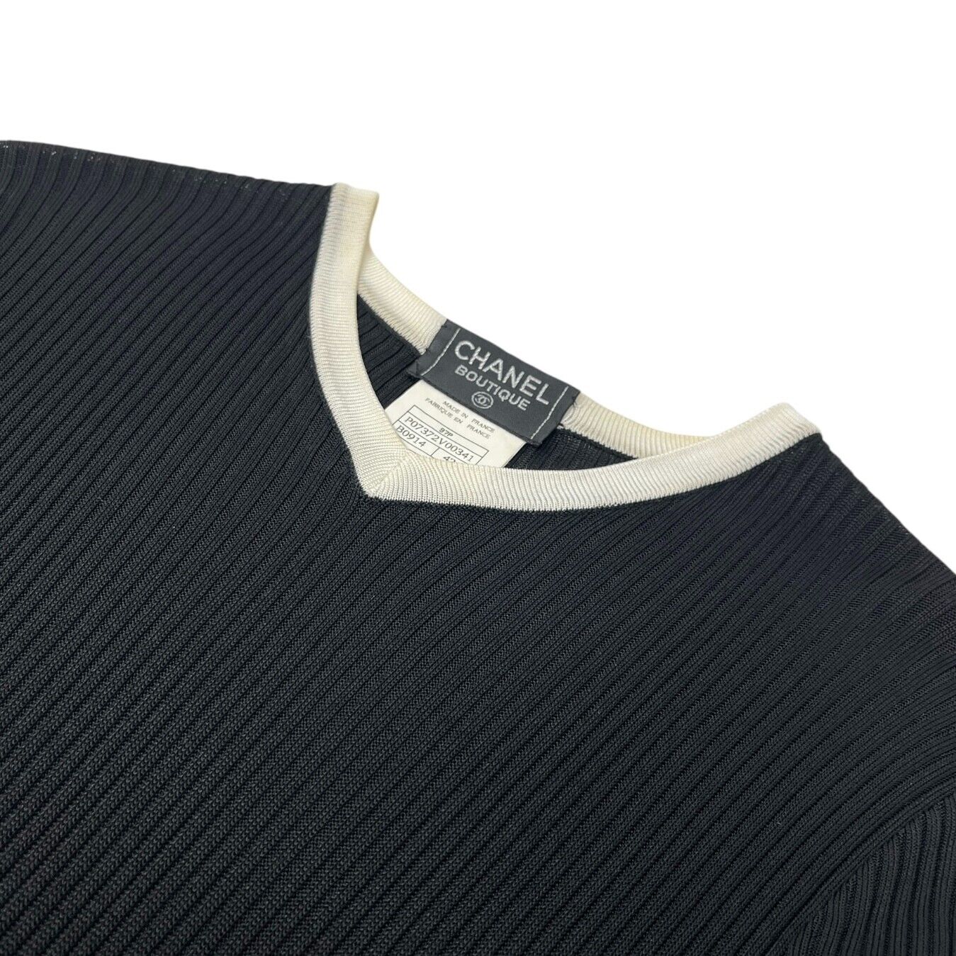 CHANEL Vintage 97P CC Logo Ribbed Knit Dress One-piece #42 Black White Rayon
