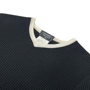 CHANEL Vintage 97P CC Logo Ribbed Knit Dress One-piece #42 Black White Rayon