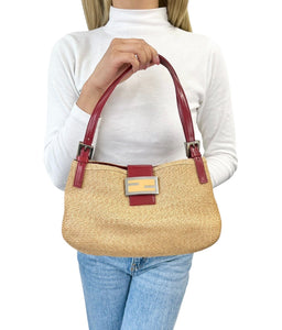 FENDI Vintage Logo Mamma Baguette Shoulder Bag Straw Raffia Red Leather