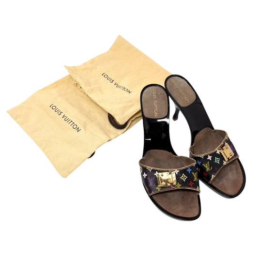 LOUIS VUITTON Vintage Monogram Multicolor Sandals Heels #36.5 Black Brown