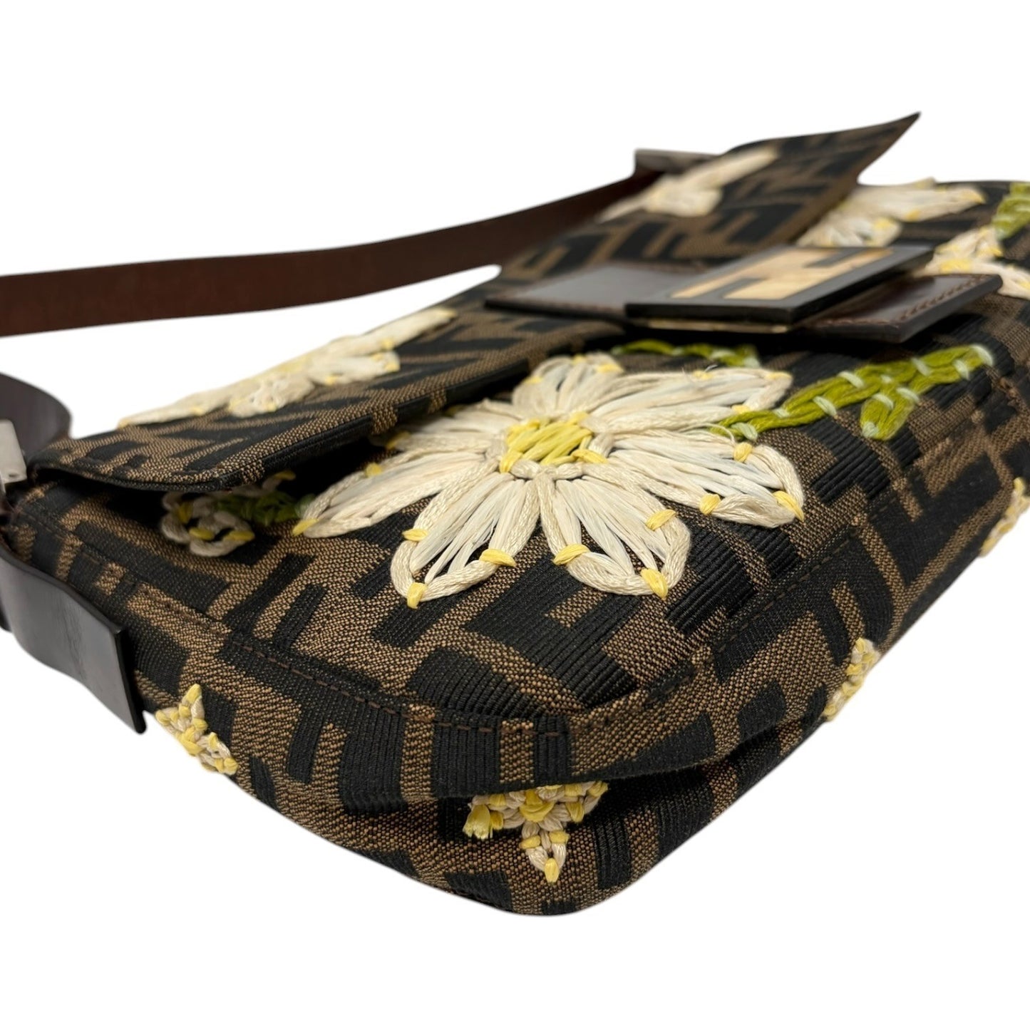 FENDI Vintage FF Zucca Mamma Baguette Shoulder Bag Flower Brown Canvas 902041