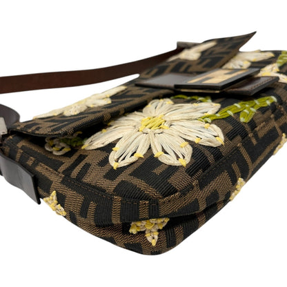 FENDI Vintage FF Zucca Mamma Baguette Shoulder Bag Flower Brown Canvas 902041