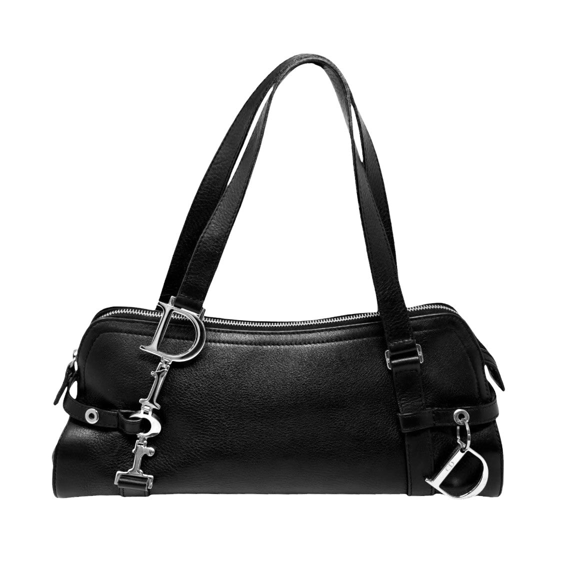 Christian Dior Vintage Logo Charm Shoulder Bag Black Silver Leather 901869