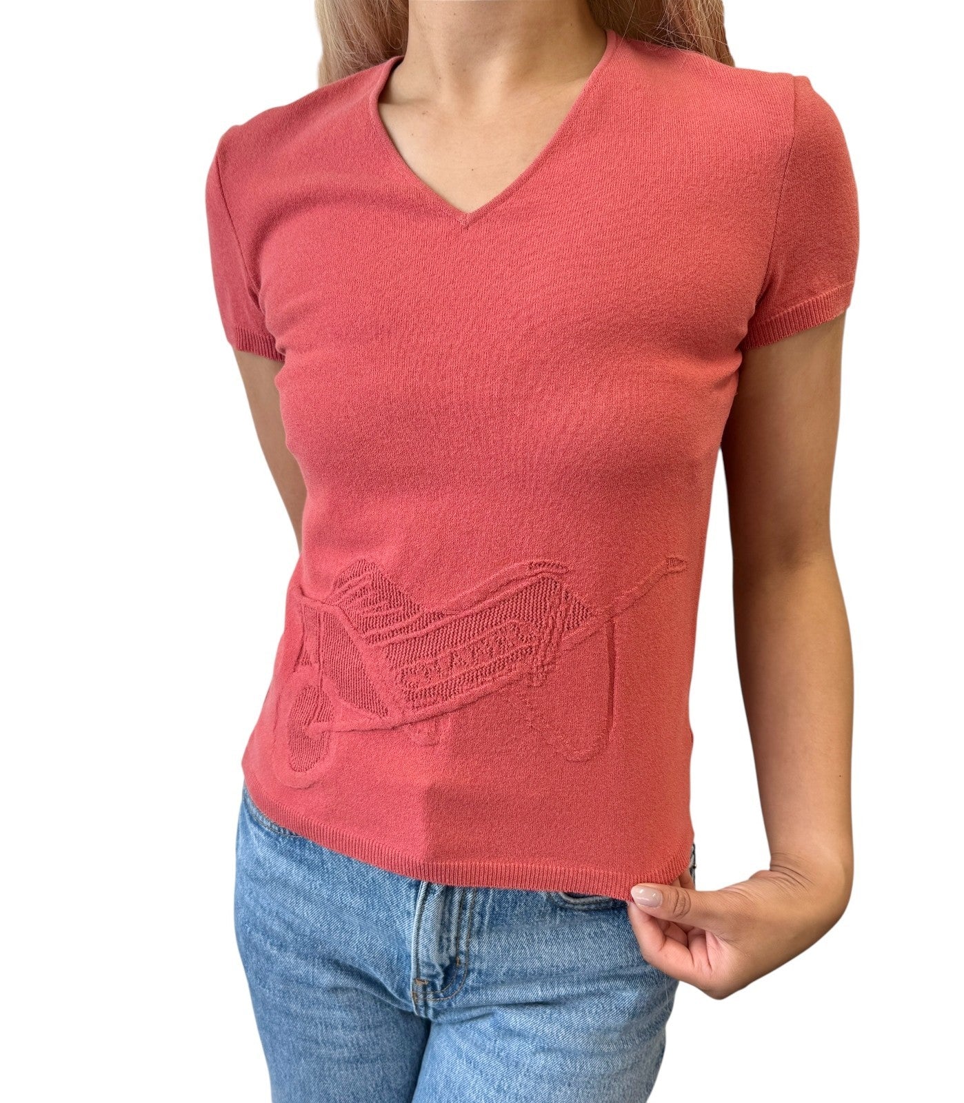 CHANEL Vintage 04P Logo Knit T-shirt Top #38 Pink Cotton Polyester