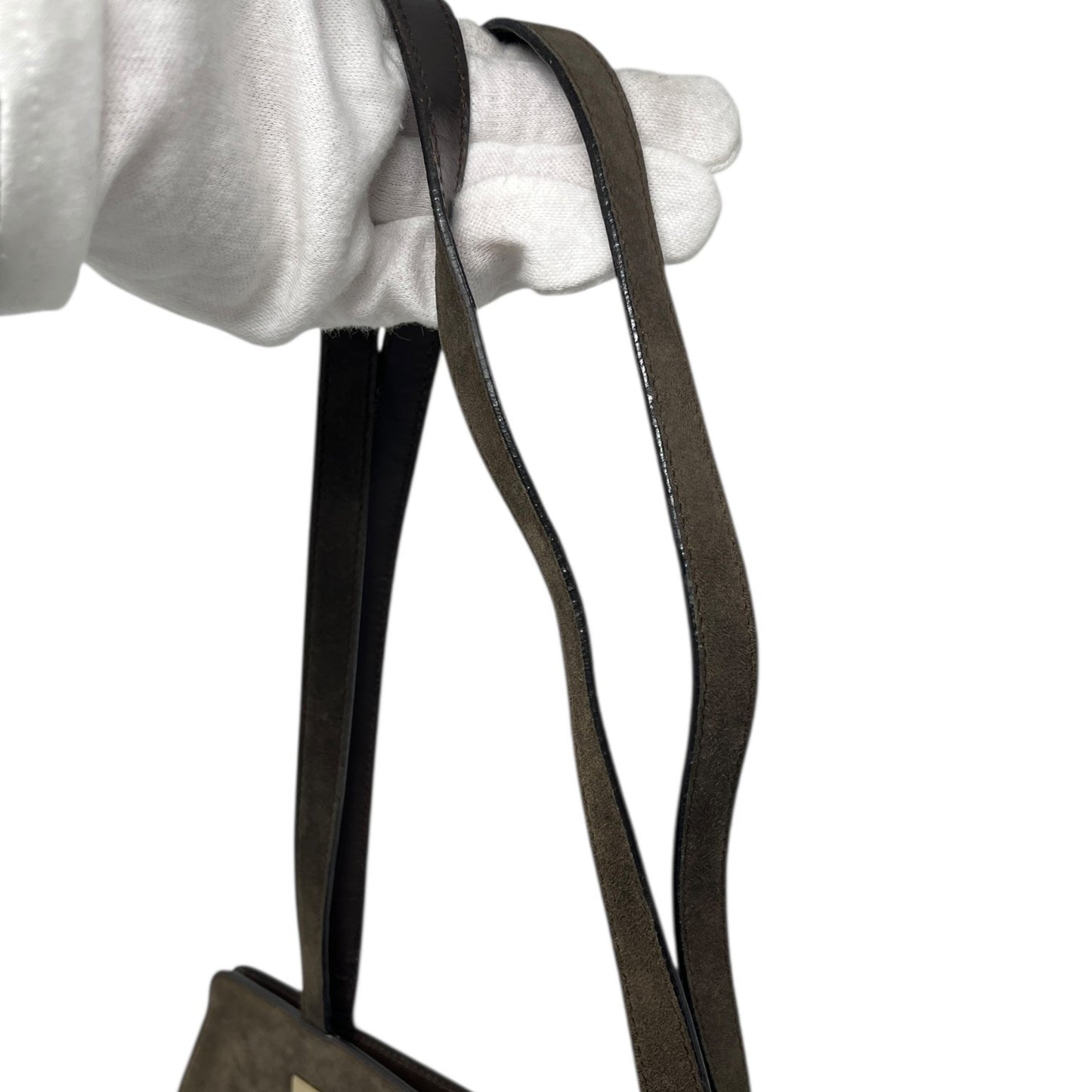 GUCCI Vintage G Square Logo Suede Shoulder Bag Tote Bag Brown Gold Leather