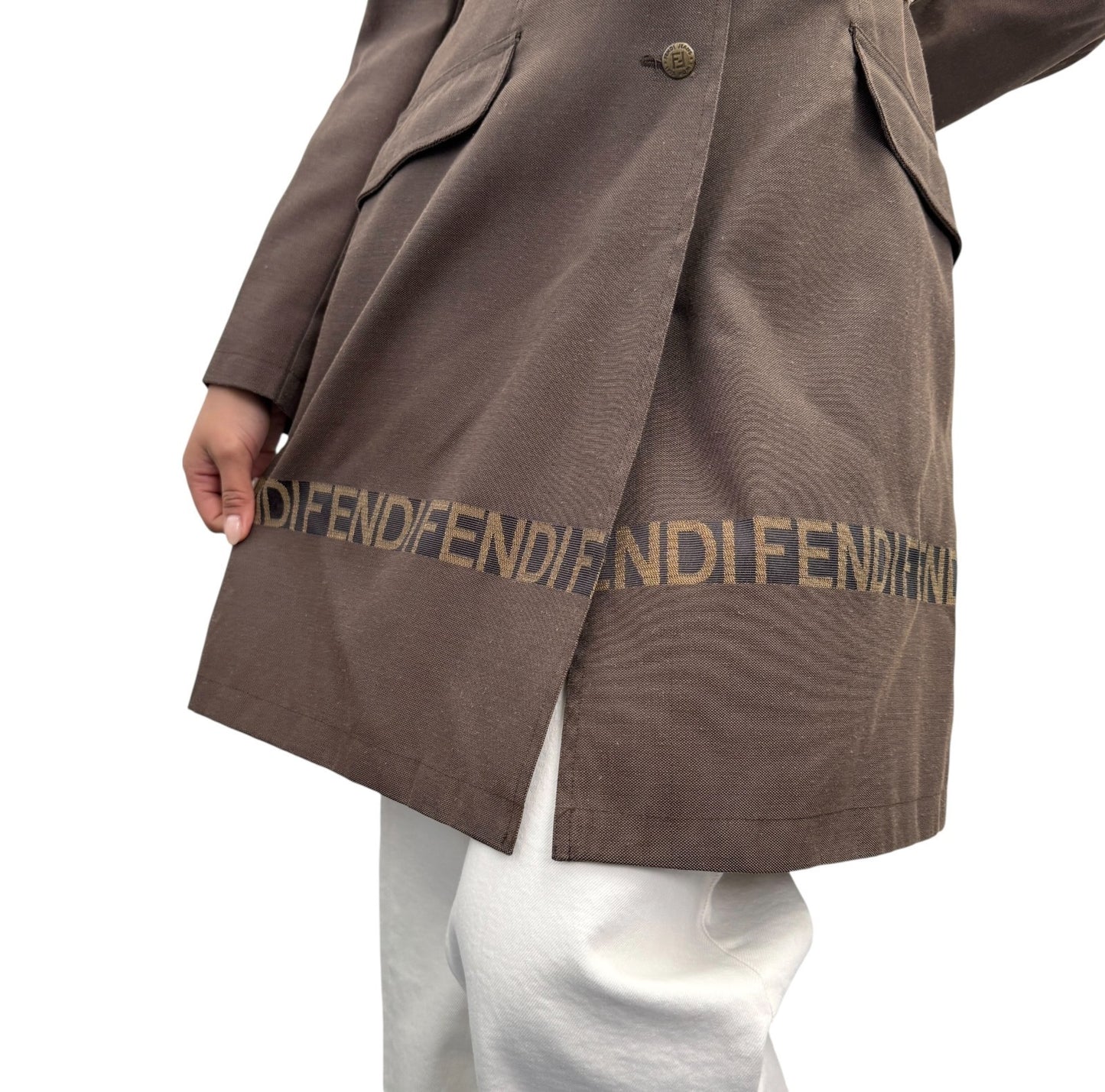 FENDI Vintage FF Logo Fur Belted Long Trench Coat Jacket #38 Brown Black