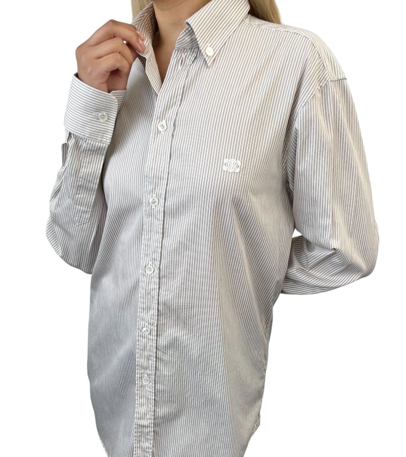 CELINE Triomphe Logo Stripe Button Up Shirt Long Sleeve #34 Brown White 901967
