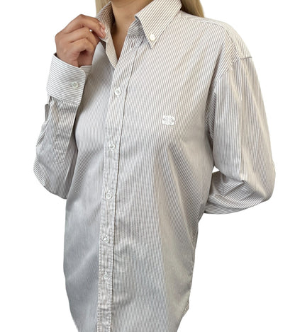 CELINE Triomphe Logo Stripe Button Up Shirt Long Sleeve #34 Brown White 901967