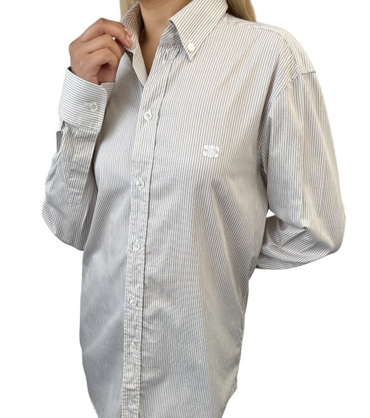 CELINE Triomphe Logo Stripe Button Up Shirt Long Sleeve #34 Brown White 901967