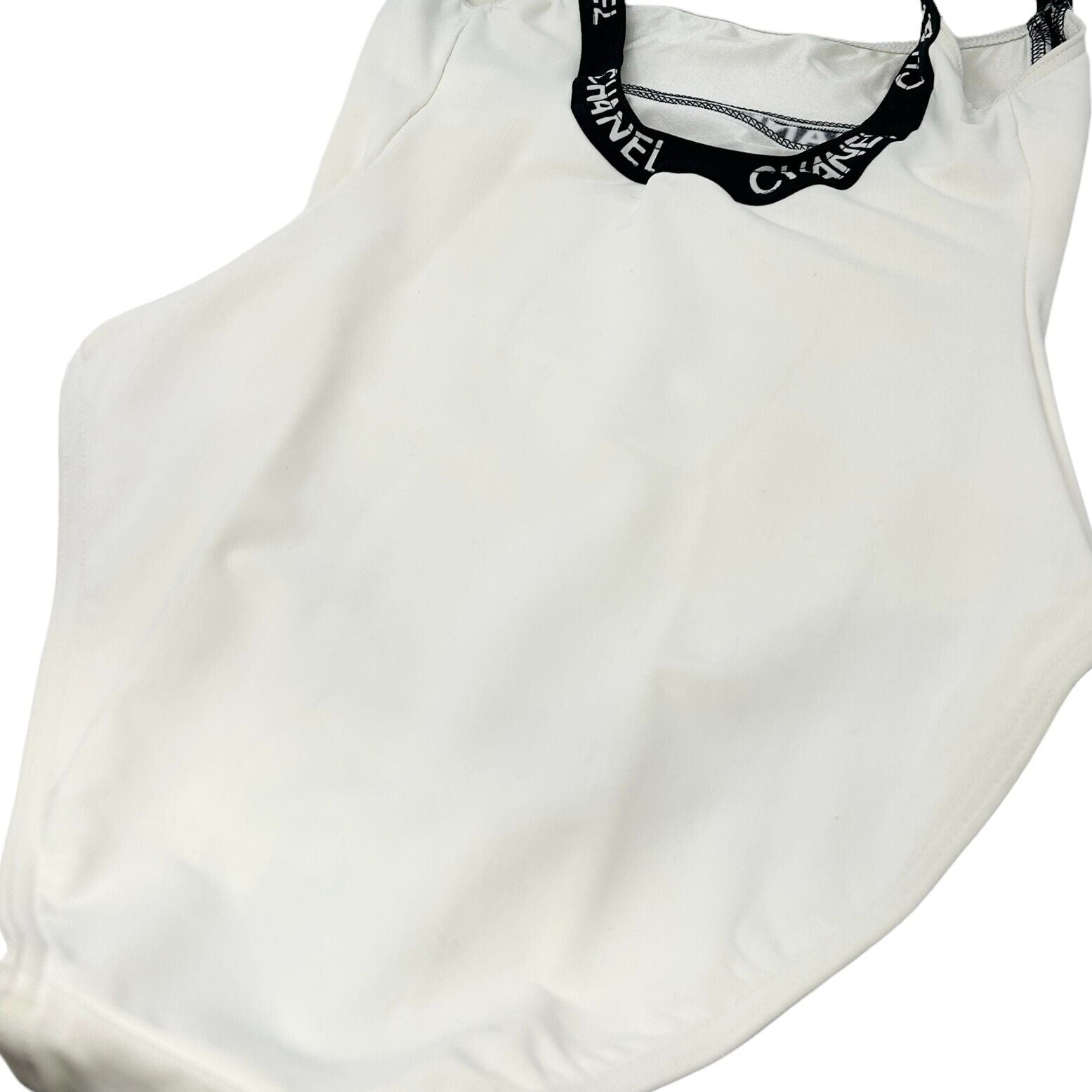 CHANEL Vintage Logo Swimsuits #38 Swimwear One-piece White Black Nylon Rank B